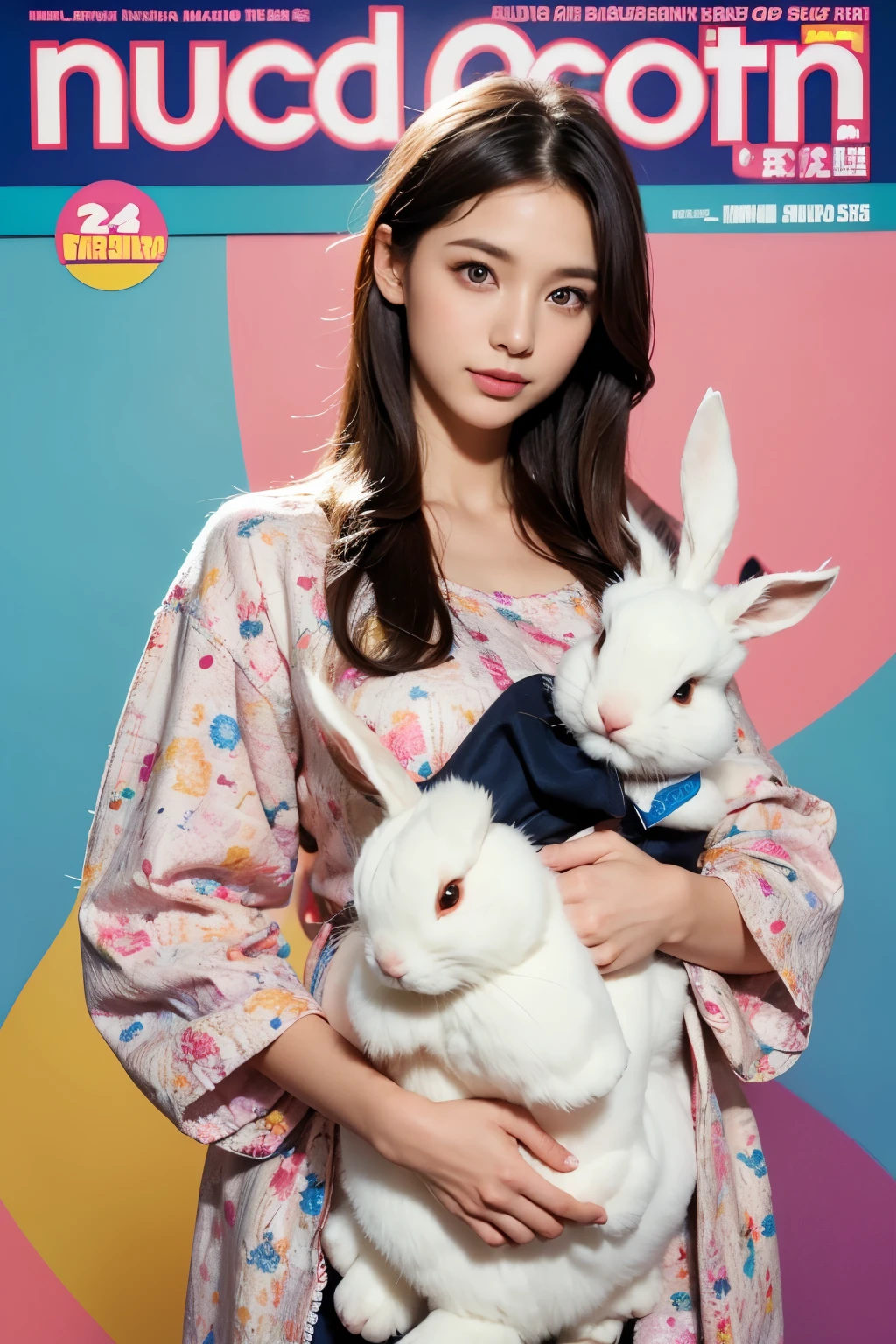 Model and background intact, Beautiful woman holding a large rabbit doll, Colorful background, magazine pose,
