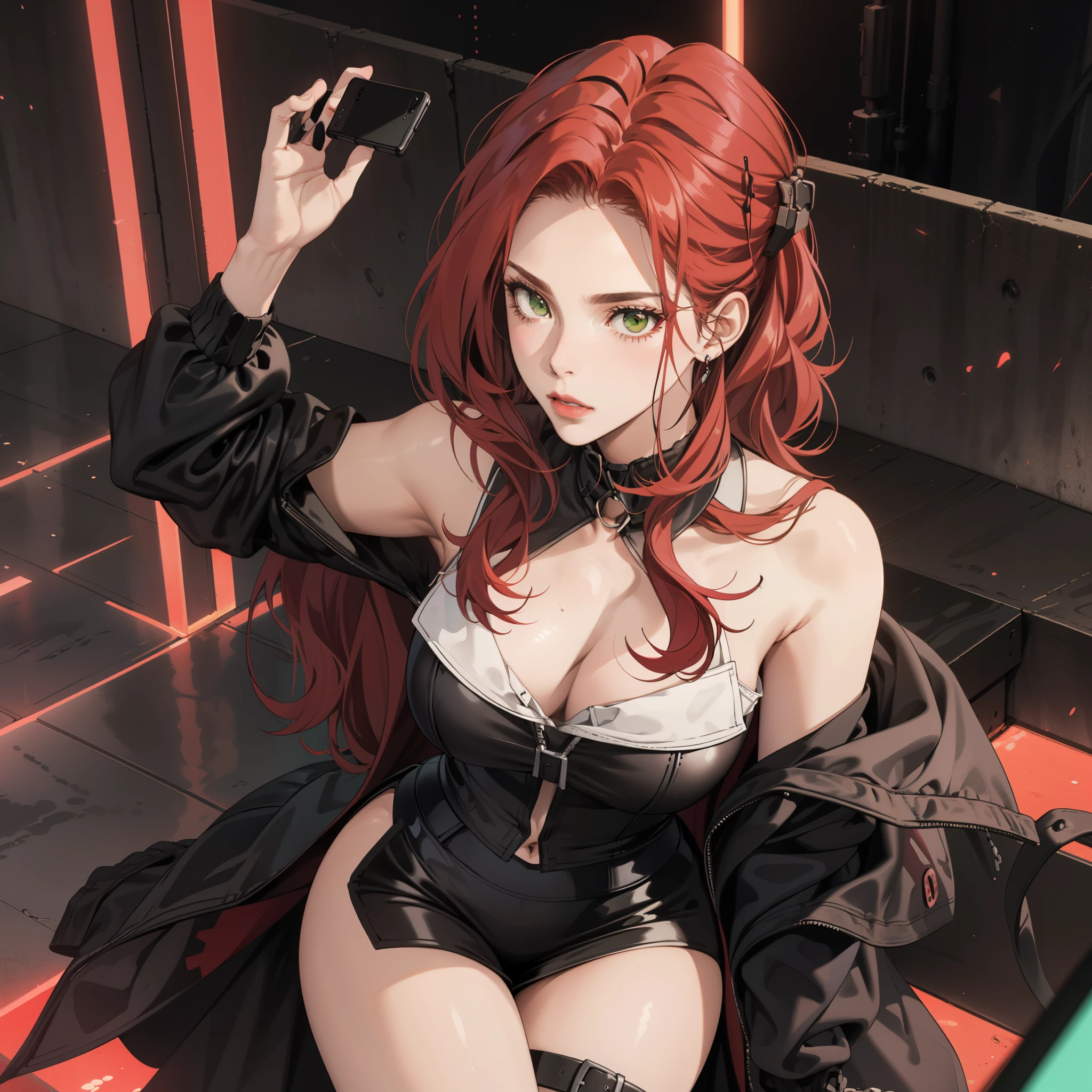 A 30-year-old woman, cabello rojo ondulado, piel clara, ojos verdes como esmeraldas, pechos grandes,  Cyberpunk glossy latex set negro,  selfi, , pechos grandes. cuerpo completo. manos perfectas.