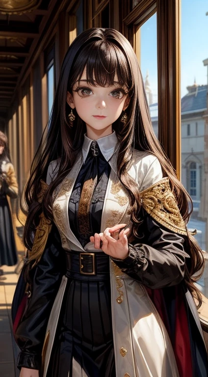 (highest quality, masterpiece, Super detailed, very detailed, High resolution), (1 girl, single, alone), 16 year old anime girl, brown hair, long raven hair, Slightly wavy hair, parted bangs, magician, brown eyes, diamond earrings, black long coat, tie, white shirt, black skirt, noble, noble clothes, beautiful, ethereal, elegant, Prestigious, classic, royal building, natural lip, magic school,(((face with intricate details)))