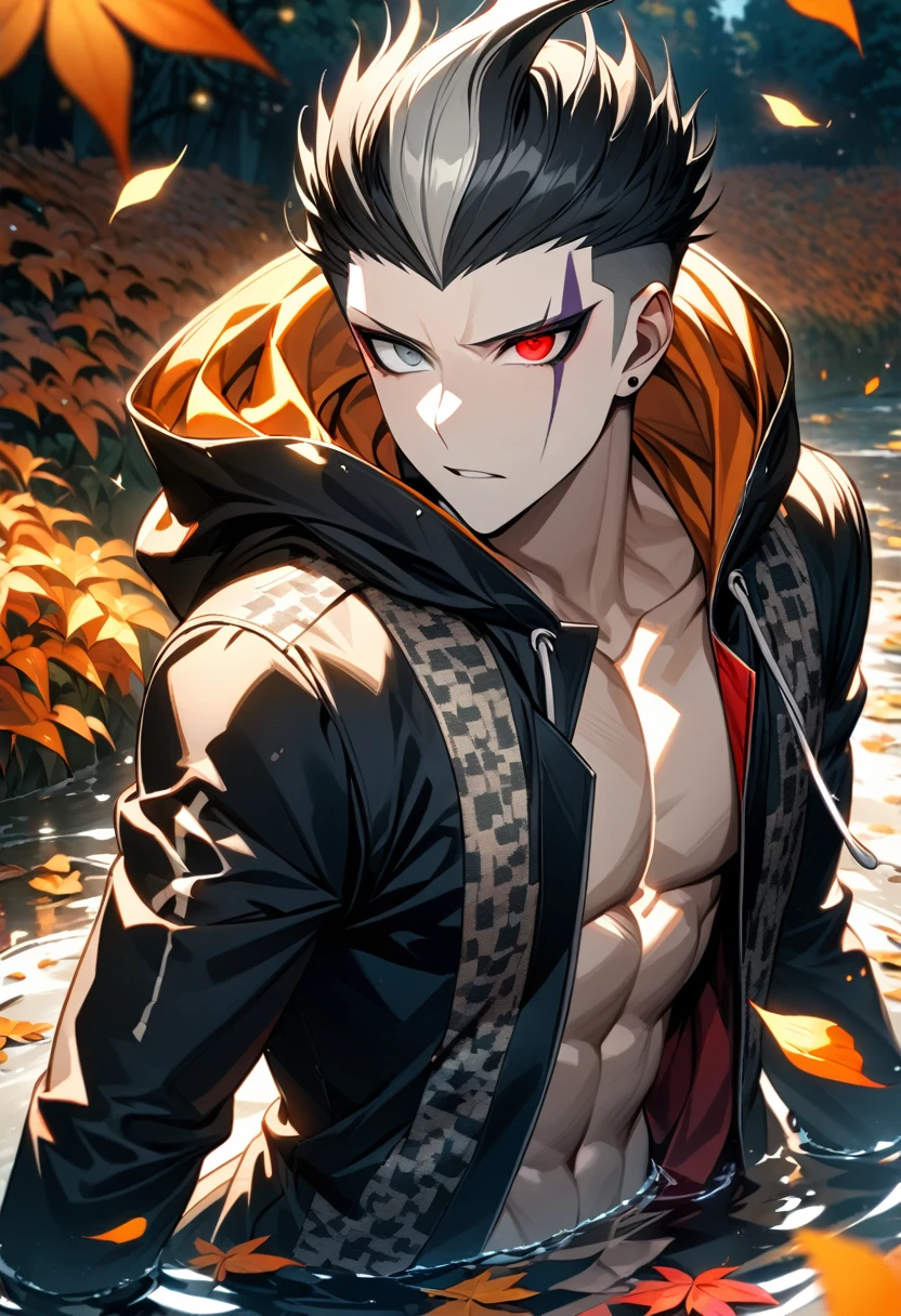 Ultra detailed, Highres, absurdres, HDR, Tanaka Gundham, black hair, heterochromia, expressive right red eye, expressive gray left eye, black long coat with patterns with a hoddie, Danganronpa 2, orange flowers, petals, handsome, sexy man, solo, very detailed eyes and face, water, butterflies, black tight t-shirt, master piece, toned chest, orange leaves, autumn,