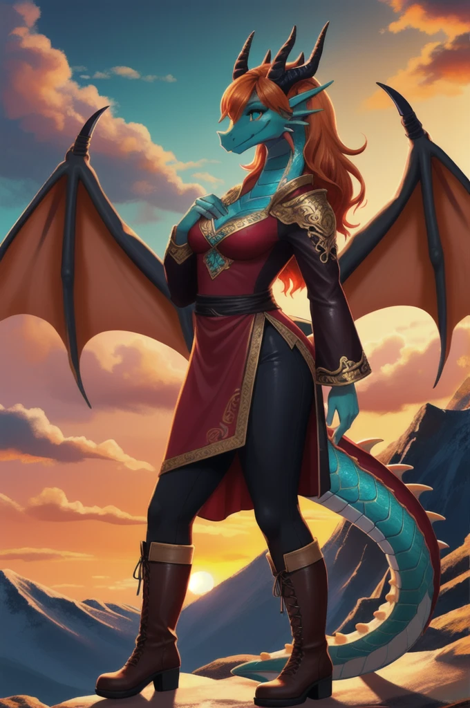 fantasy style art, beautiful anthropomorphic female dragon, mature and young, tall character, 5 feet 11 inches tall, dragon body, dragon head, dragon snout, dragon eyes, dragon skin, long wavy bright orange hair, bright teal eyes, sparkling teal eyes looking at viewer, shapely body, skinny body, healthy body, orange scaly dragon skin, highly detailed scales, covered in orange scales, purple and red warrior outfit, ornate red clothes, fancy purple patterns and symbols, 2 red dress coattails hanging down her sides, high brown leather boots, long draping red sleeves, 2 large orange dragon wings, wings on both sides, orange dragon horns, standing on top of a mountain, at the mountain peak, sunset, brilliant cloudy sky, sunset lighting up the clouds, high quality digital art, 2k, professional illustration