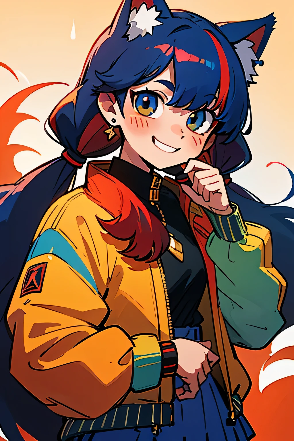 masterpiece, official art, best quality, best illustration, extreme light and shadow, looking at viewer, blush, smile, bangs, long sleeves, twintails, jewelry, blue hair, jacket, upper body, mini skirt, red hair, multicolored hair, streaked hair, black hair, jewelery, earring, fox ears, animal ear fluff, nine tailed fox