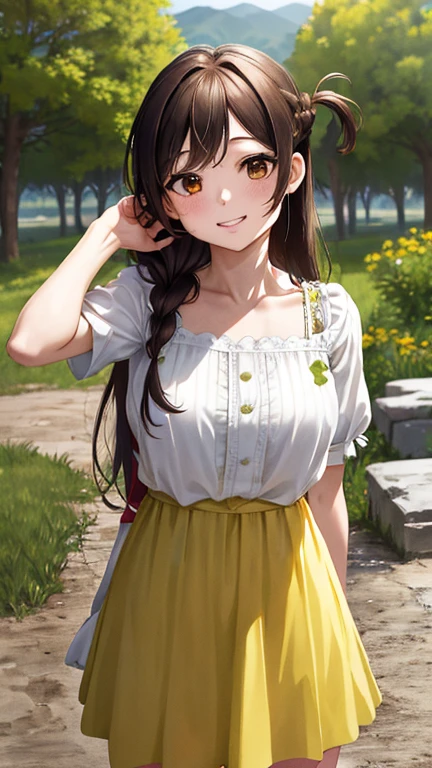 Obra maestra, mejor calidad, high resolution, chi1, 1 chica, pelo largo, trenza, one side up, solo, blusa blanca lisa con cuello alto, Falda a cuadros verde hasta la rodilla, golpes, al aire libre, sonrisa, pendientes, sosteniendo una bolsa