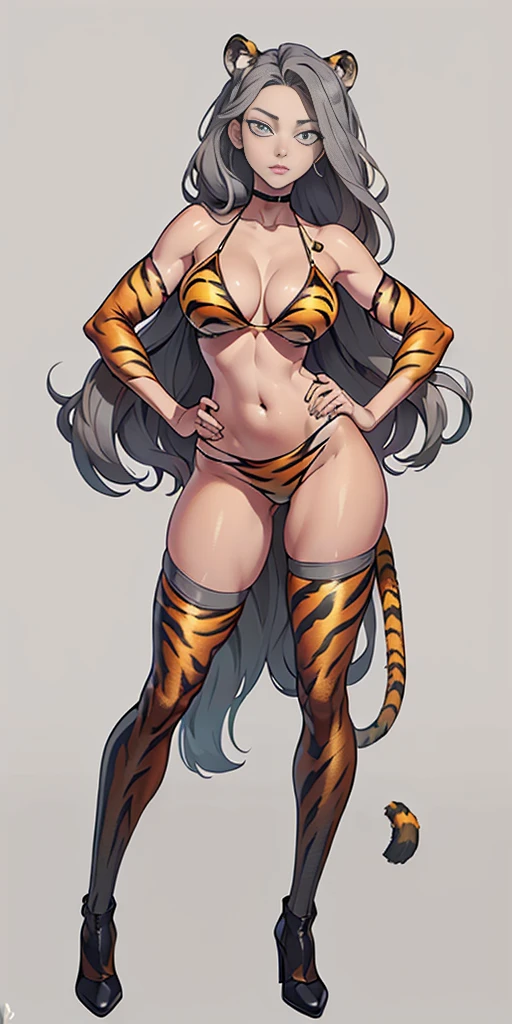 ((Masterpiece, plain background,1:2, masterpiece)) full body standing straight symmetrical against contrapposto yellow tiger print BIKINI stockings sleeves, hands on waist hips, navel, (Vladilena Milize) (grey eyes:1.5) grey long hair, hair between eyelashes
