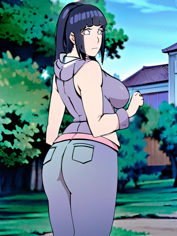 Hinata, purple hair, pink eyes, naked, huge butt and boobs, bend over, close up asshole view