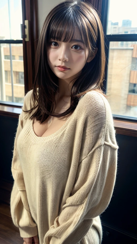 masterpiece, Best Quality, 8K, 20 yo, huge breasts, cuddly, Solo, sad, Cute, Girly, Delicate girl, Neat and clean beauty, Raw photo, Professional Photography, Portrait, Soft light, Professional Lighting, Back lighting, Upper body, front view, Sophisticated, Film grain, (Eyes and faces with detailed:1.0), short length floating hair, beautiful flowing hair, bangs, Oversize Pullover Dress