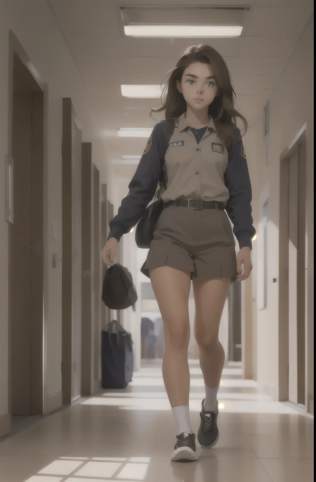 -yeld giwith brown hair and dark gray eyes walking through the hallways of a university wearing her uniform