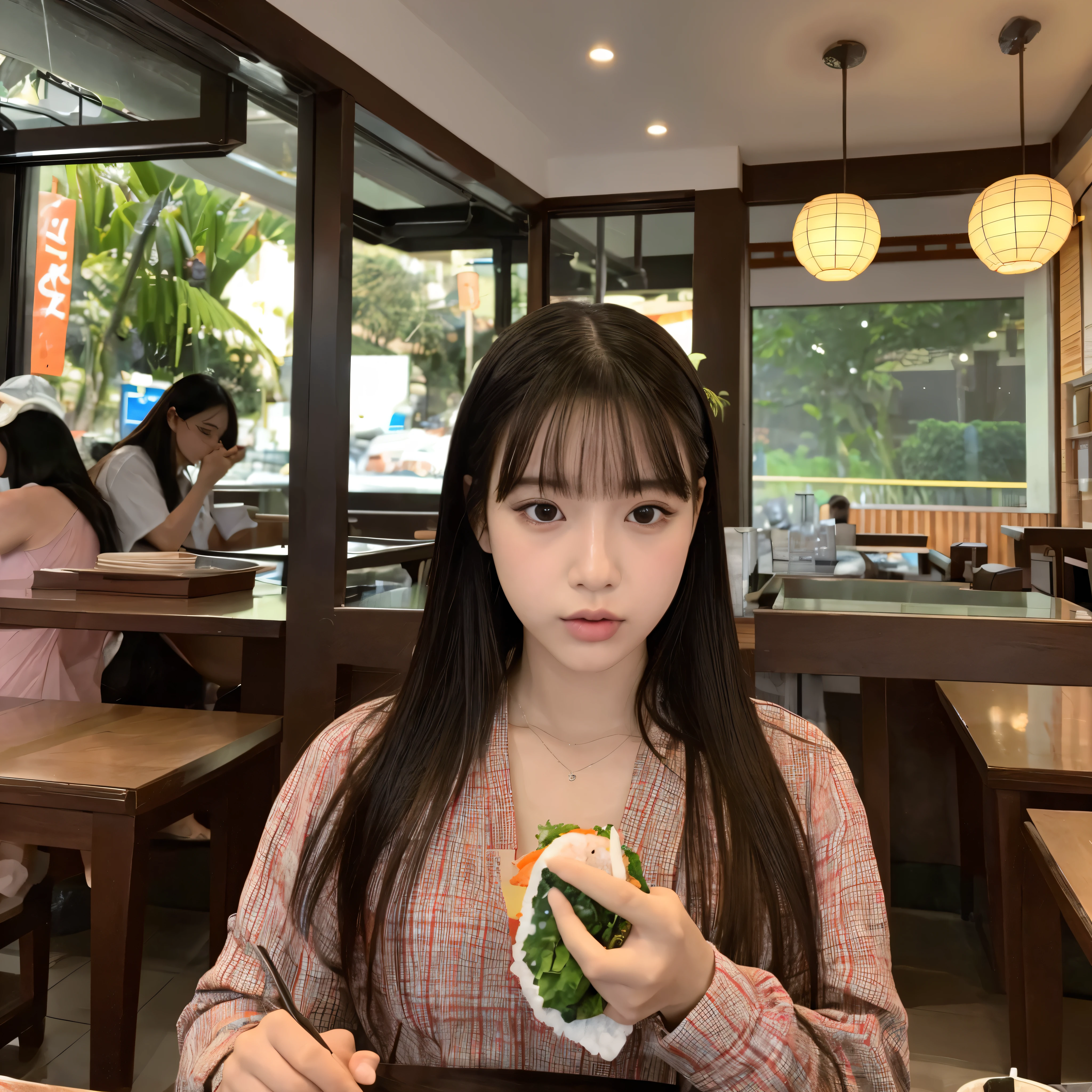 Uma coreana comendo sushi em um restaurante, pessoas ao fundo sentada em suas mesas, realista, fotorealista, detalhes no rosto, maquiagem ulzzang, usando um vestido preto, zoom no rosto, samsung s24 plus camera