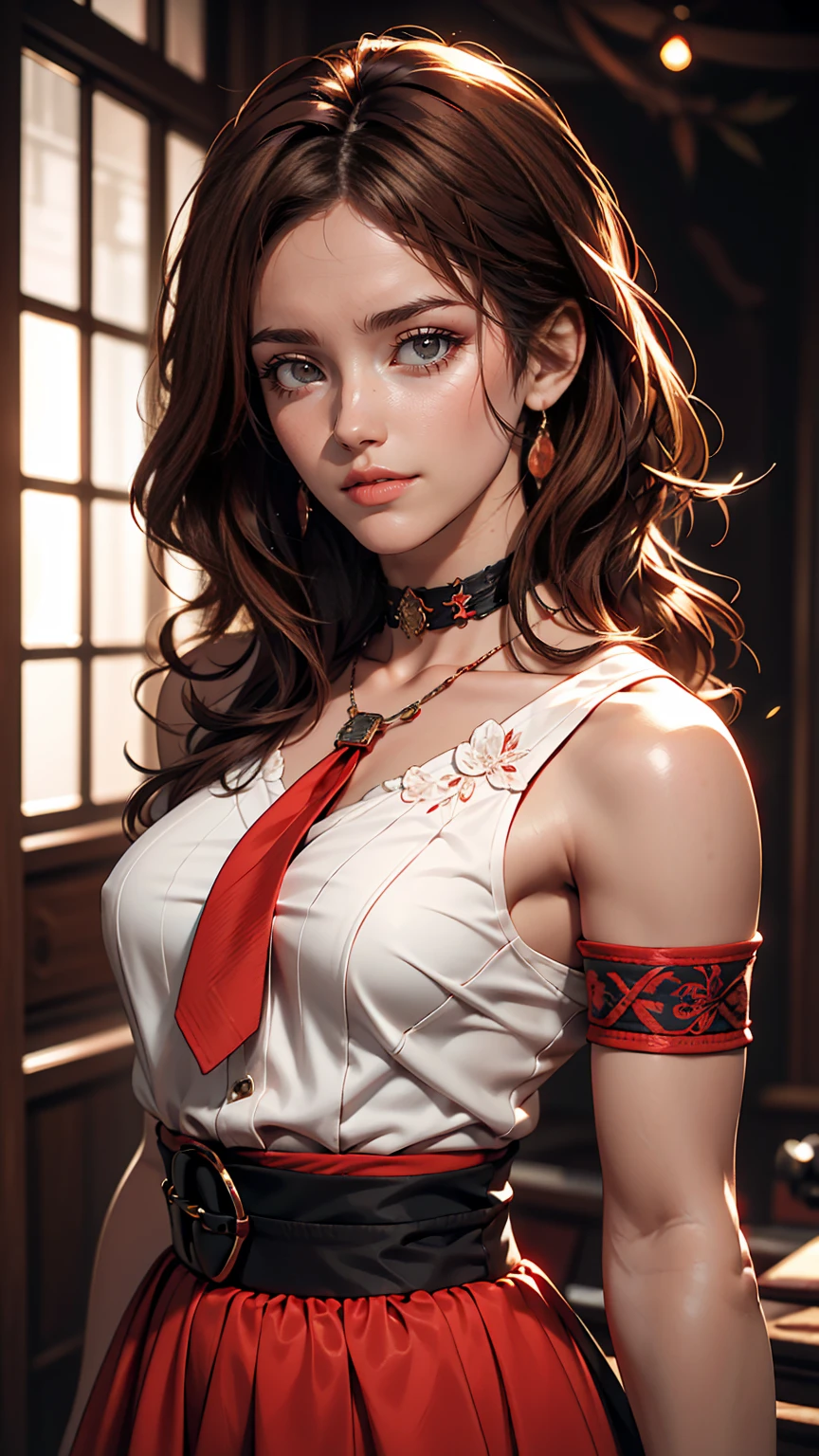highest quality, Intricate details, chromatic aberration, One girl, Long Hair, Black Hair, Messy Hair, Red highlights, Hair on one eye, Red eyes, Sharp eyes, choker,, , Armband, Put your arms behind your back, Arms tied,