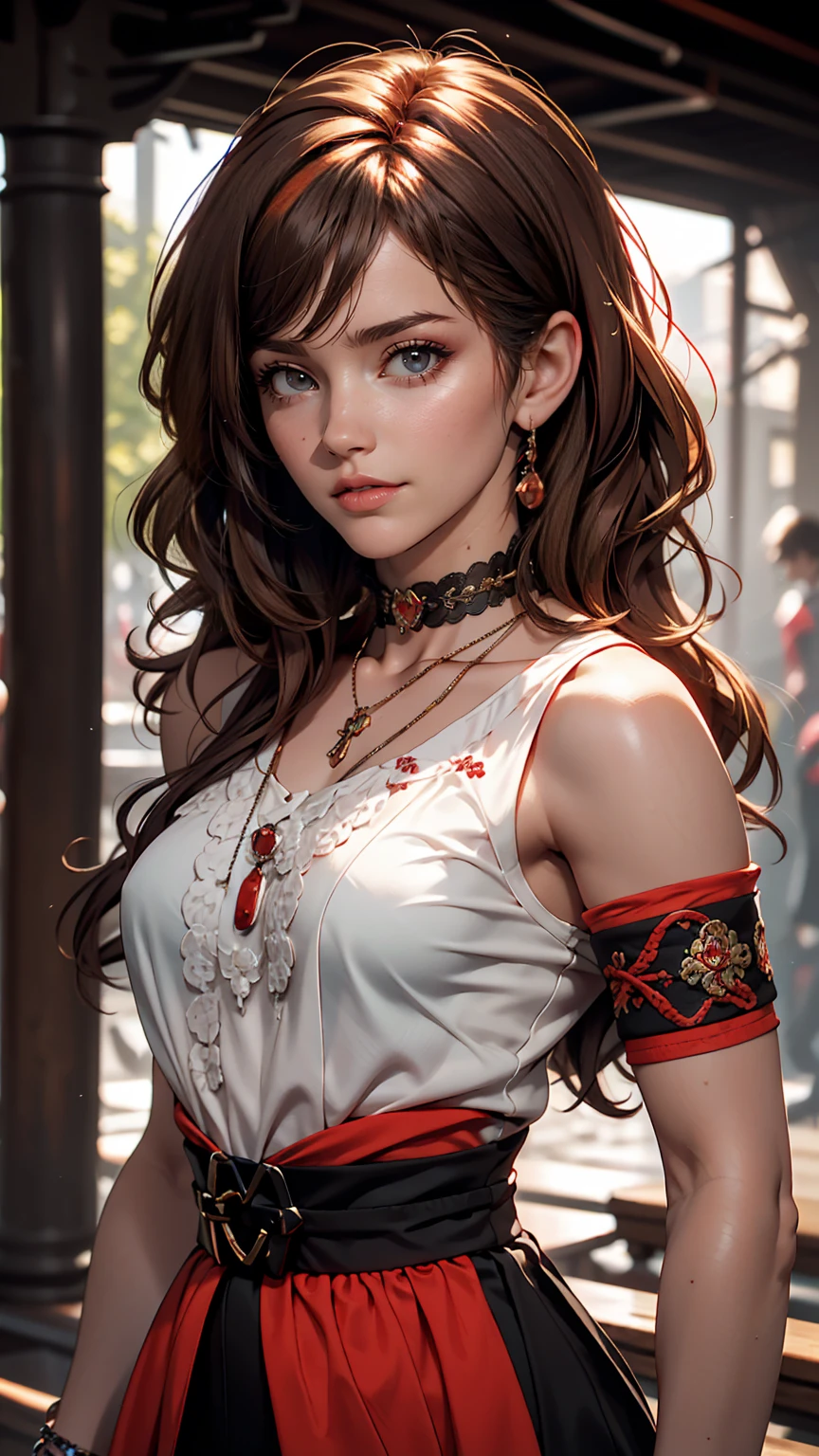 highest quality, Intricate details, chromatic aberration, One girl, Long Hair, Black Hair, Messy Hair, Red highlights, Hair on one eye, Red eyes, Sharp eyes, choker,, , Armband, Put your arms behind your back, Arms tied,