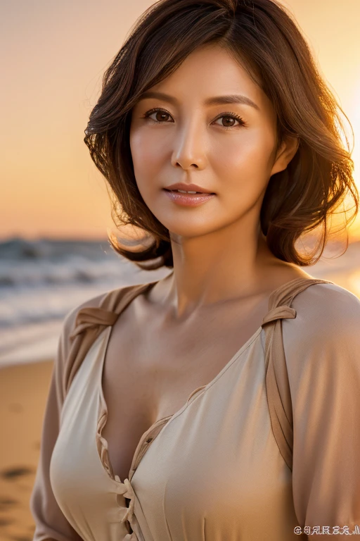 masterpiece, highest quality, High resolution, Photorealsitic, Raw photo, 8k wallpaper, perfection, Professional Lighting, Soft Light、Outdoor, Very detailed, Depth of written boundary,Sandy Beach、sunset, The sea breeze is strong、The wind is blowing((One beautiful woman, Japanese Mature)), (48yo)), Female Sexy, Detailed face, Beautiful Eyes, Shapely breasts, Boob Emphasis、I can see her cleavage、Light brown straight hair, (My hair is messed up by the crosswind:1.5), Brush your hair with one hand、 Faint lips, ((Stand in front、looking at the camera、The face when you realize something、)), Clothes wide open on the chest, Shoulderless knit dress、Cowboy Shot。
