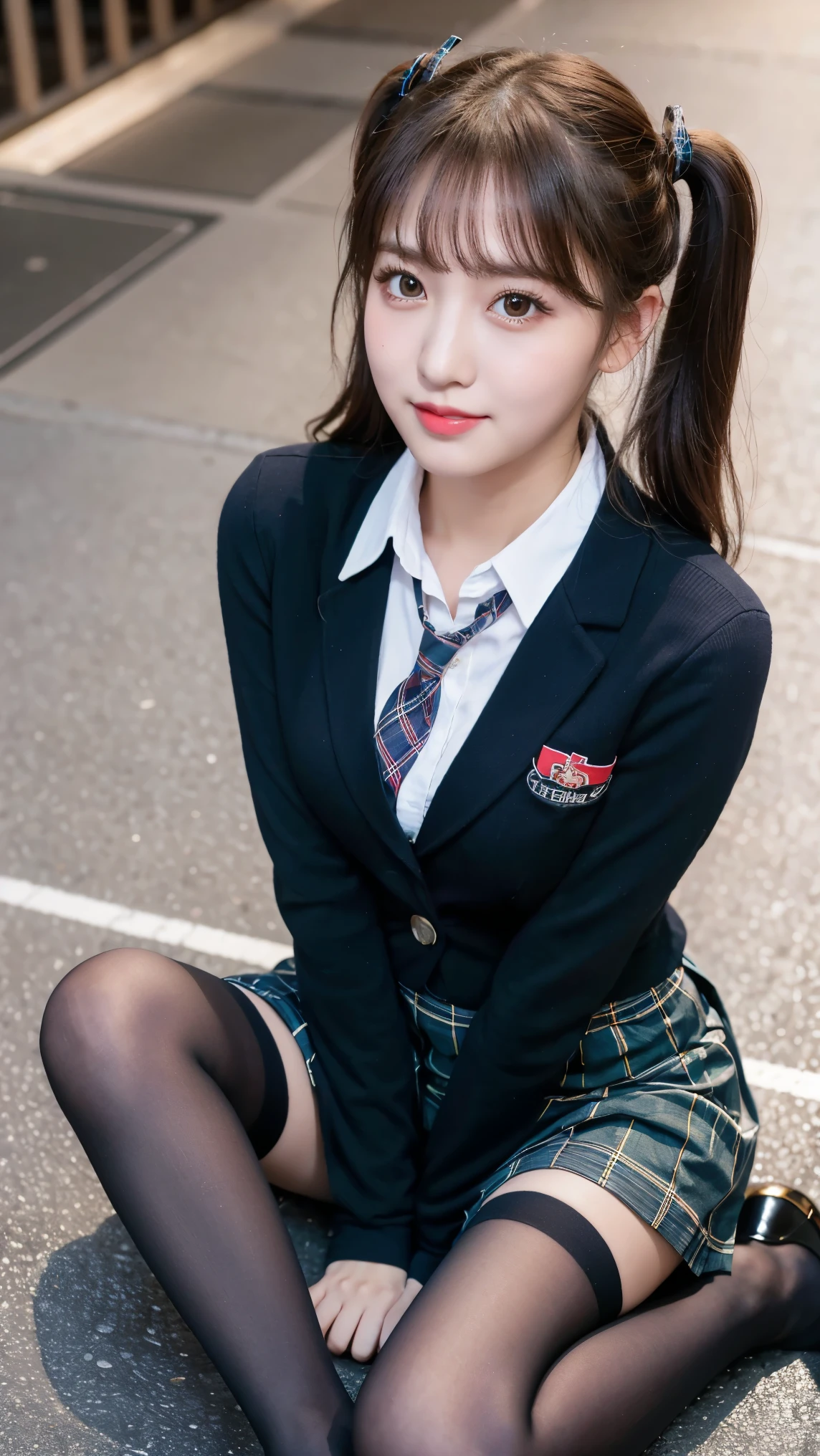 8k), (highest quality: 1.2), (Realistic), (Realistic: 1.37), Ultra-high resolution, (1 girl), cute, A shy smile, Mouth closed,Red cheeks with embarrassment, Beautiful details, Beautiful Nose, Black twin tails,Giant Dulcefo, pork, Thighs,Self Snap,University Uniforms,blazer,Pleated skirt,(The skirt is tartan check pattern....:1.3),(Sitting:1), Sitting on the ground in the city at night,(Hold my feet:1),Tights in various colors,From above,Bring your face closer