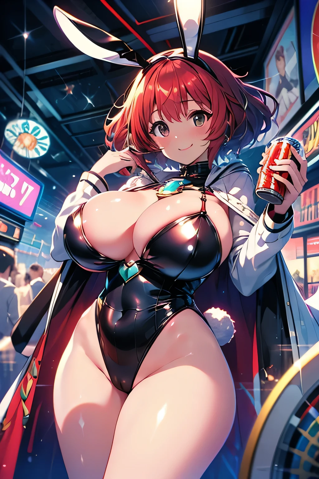 Anime illustration、highest quality、cyber punk、Xenoblade Chronicles 2、Homura、Selling aphrodisiacs、Red Hair、Luxury Casino、Voluptuous Bunny Girl、Giant roulette wheel、Bunny ears、Perfect proportions、Big Breasts、Thick legs、Beautiful, shining eyes、smile、Cowboy Shot