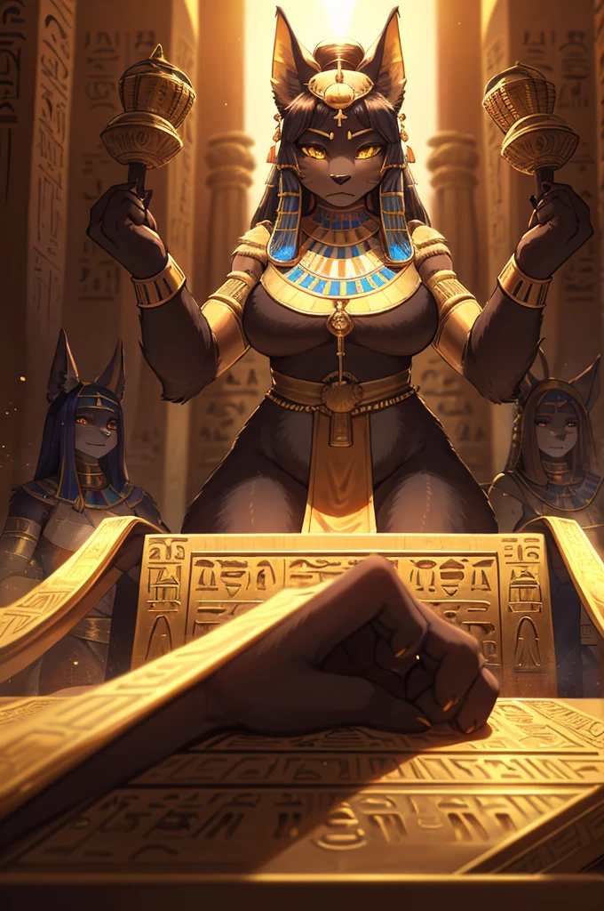 Bokeh , dynamic angle , hairy Bastet woman , realistic hairy fur , mature Model Body Type , (curvy:0.5) , mature Model  face , Hair ties , Ancient Egyptian neat clothing , in the ancient Egypt , dynamic Mysterious pose , (Several servants:1.5) , Rituals , on the altar , Red sun , action movie , Suddenly, an Egyptian god