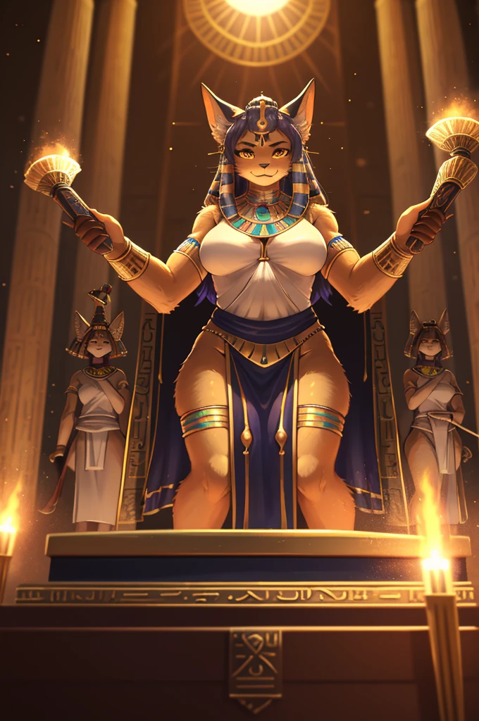 Bokeh , dynamic angle , hairy Bastet woman , realistic hairy fur , mature Model Body Type , (curvy:0.5) , mature Model  face , Hair ties , Ancient Egyptian neat clothing , in the ancient Egypt , dynamic Mysterious pose , (Several servants:1.5) , Rituals , on the altar , Red sun , action movie