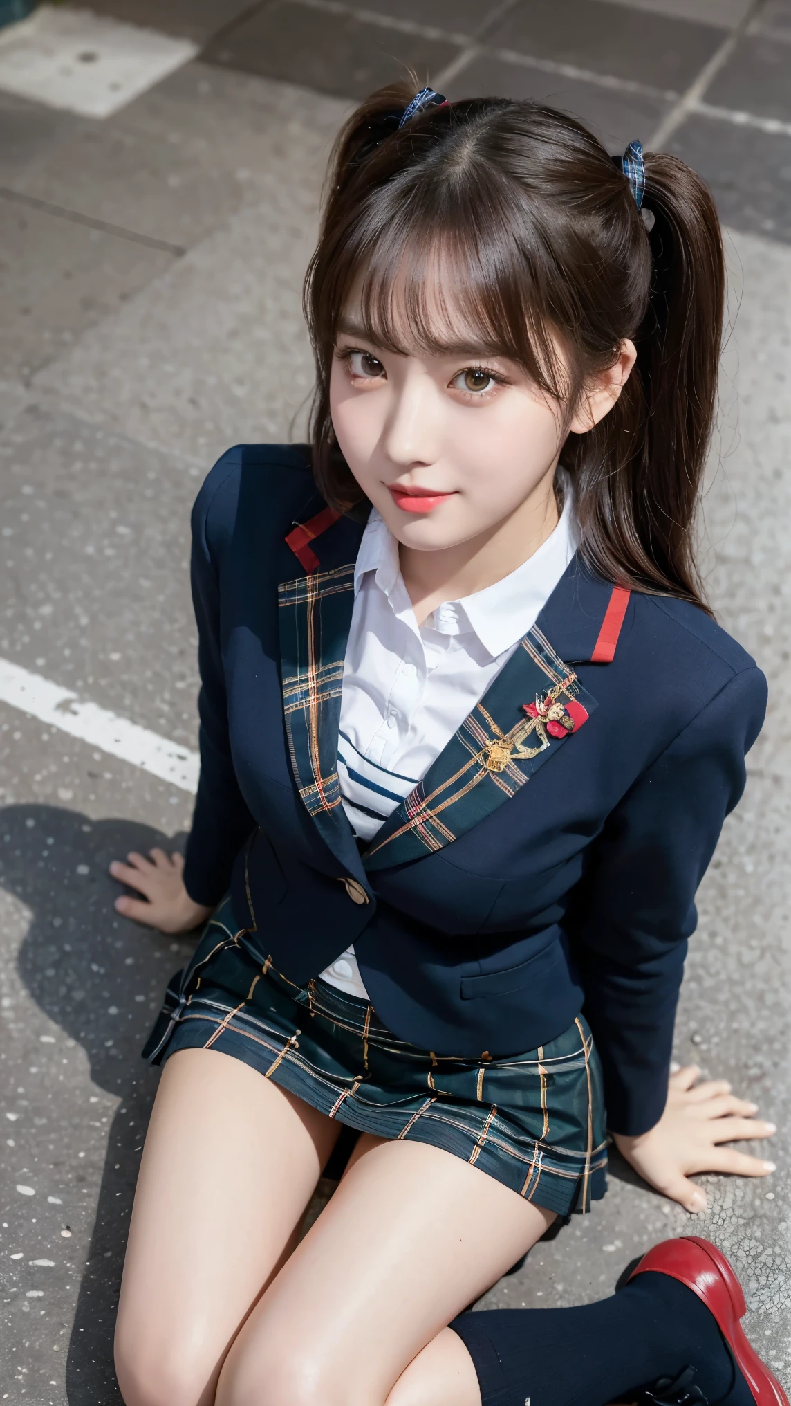 8k), (highest quality: 1.2), (Realistic), (Realistic: 1.37), Ultra-high resolution, (1 girl), cute, A shy smile, Mouth closed,Red cheeks with embarrassment, Beautiful details, Beautiful Nose, Black twin tails,Giant Dulcefo, pork, Thighs,Self Snap,University Uniforms,blazer,Pleated skirt,(The skirt is tartan check pattern....:1.3),(Sitting:1), Sitting on the ground in the city at night,(Hold my feet:1),From above,Bring your face closer