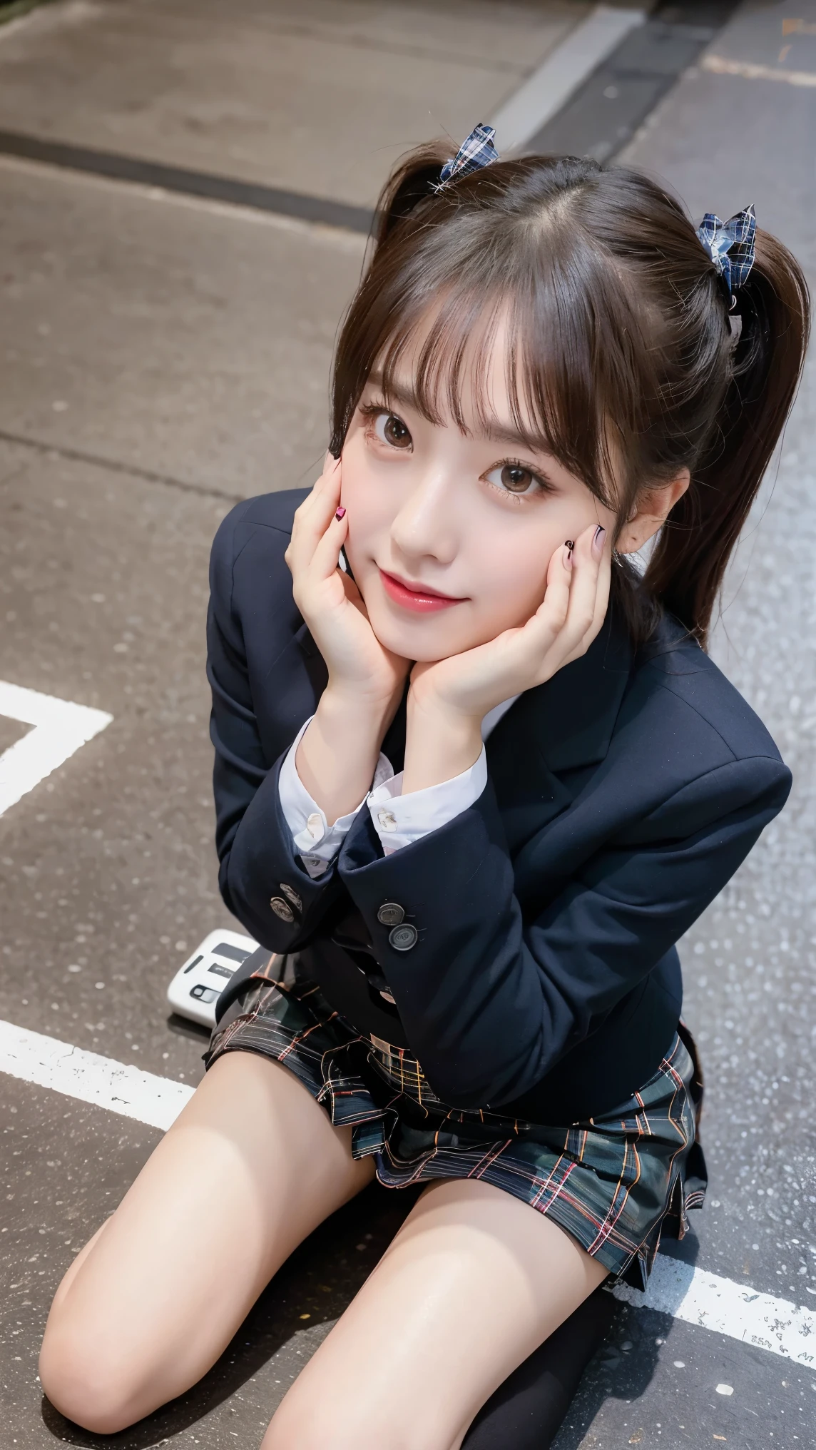 8k), (highest quality: 1.2), (Realistic), (Realistic: 1.37), Ultra-high resolution, (1 girl), cute, A shy smile, Mouth closed,Red cheeks with embarrassment, Beautiful details, Beautiful Nose, Black twin tails,Giant Dulcefo, pork, Thighs,Self Snap,University Uniforms,blazer,Pleated skirt,(The skirt is tartan check pattern....:1.3),(Sitting:1), Sitting on the ground in the city at night,(Hold my feet:1),From above,Bring your face closer