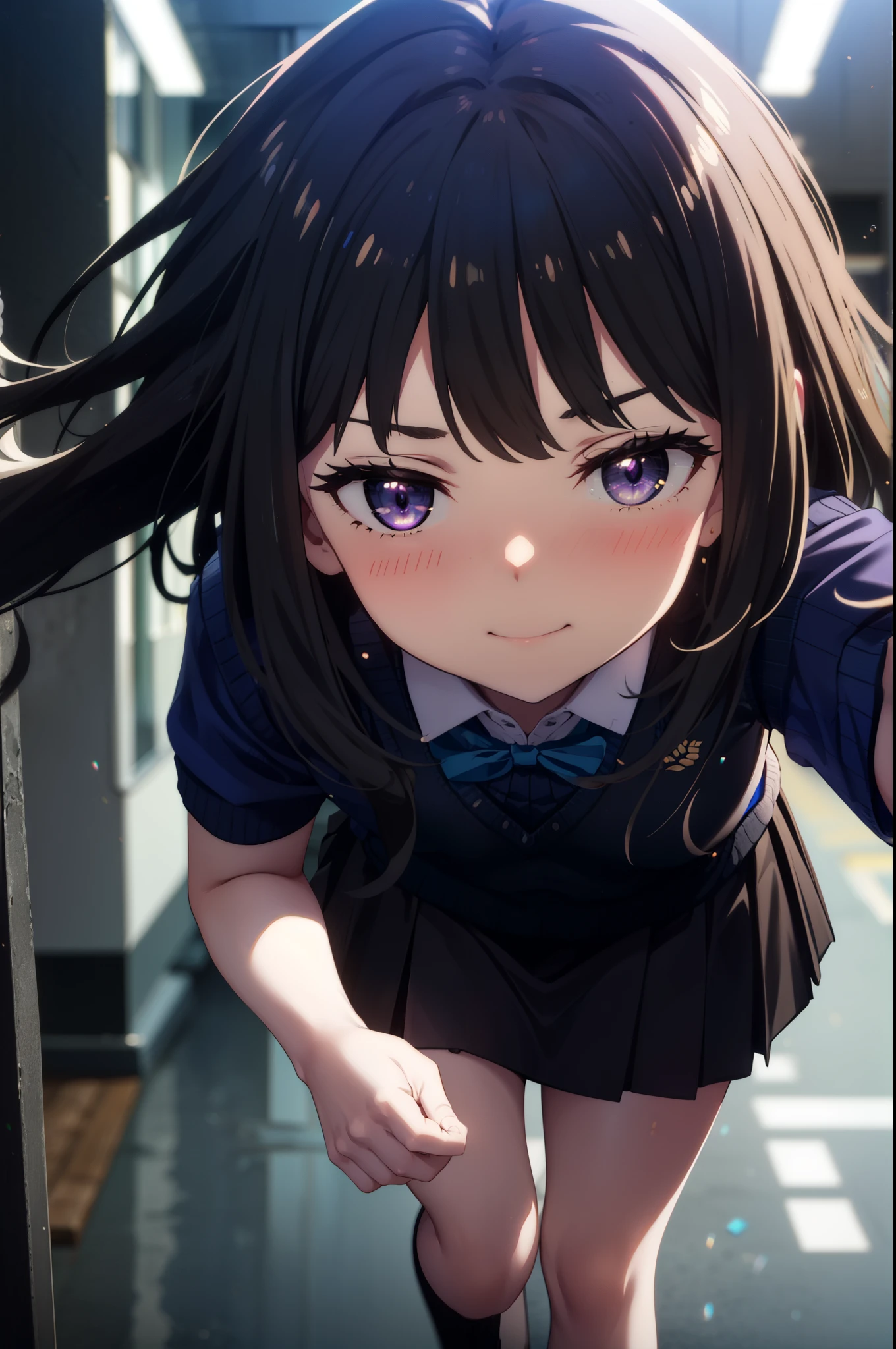 Takiuchi, Inoue Check, Long Hair, bangs, Black Hair, (Purple eyes:1.2),smile,blush,full body,
white yシャツ, Short sleeve, Pleated skirt, socks, Collared shirt, mini skirt, Black pantyhose, (Black Skirt:1.5), Sweater vest, (blue Sweater vest:1.5),Brown Loafers,Daytime,sunny,walking,whole bodyがイラストに入るように, break looking at viewer whole body,
break indoors, School corridor,
break (masterpiece:1.2), highest quality, High resolution, unity 8k wallpaper, (shape:0.8), (Beautiful details:1.6), Highly detailed face, Perfect lighting, Extremely detailed CG, (Perfect hands, Perfect Anatomy),