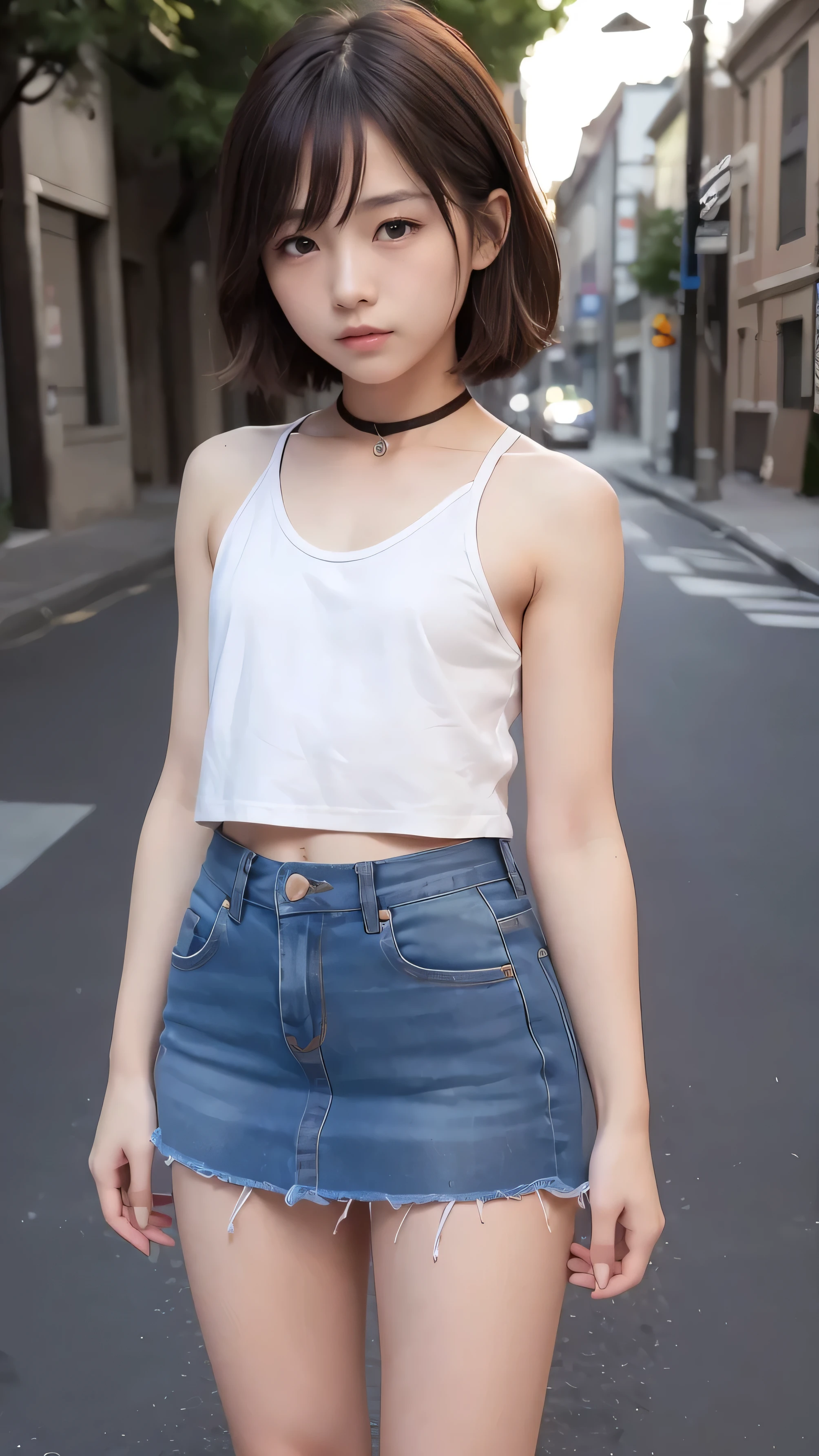 Beautiful skinny girl, elongated face and thin chin, freckles, pink hair, blue eyes, red lipstick, beautiful makeup, white skin, tattoo written on the forearm, beautiful top, denim jeans, white cotton shoes, in street , messy Hairbun