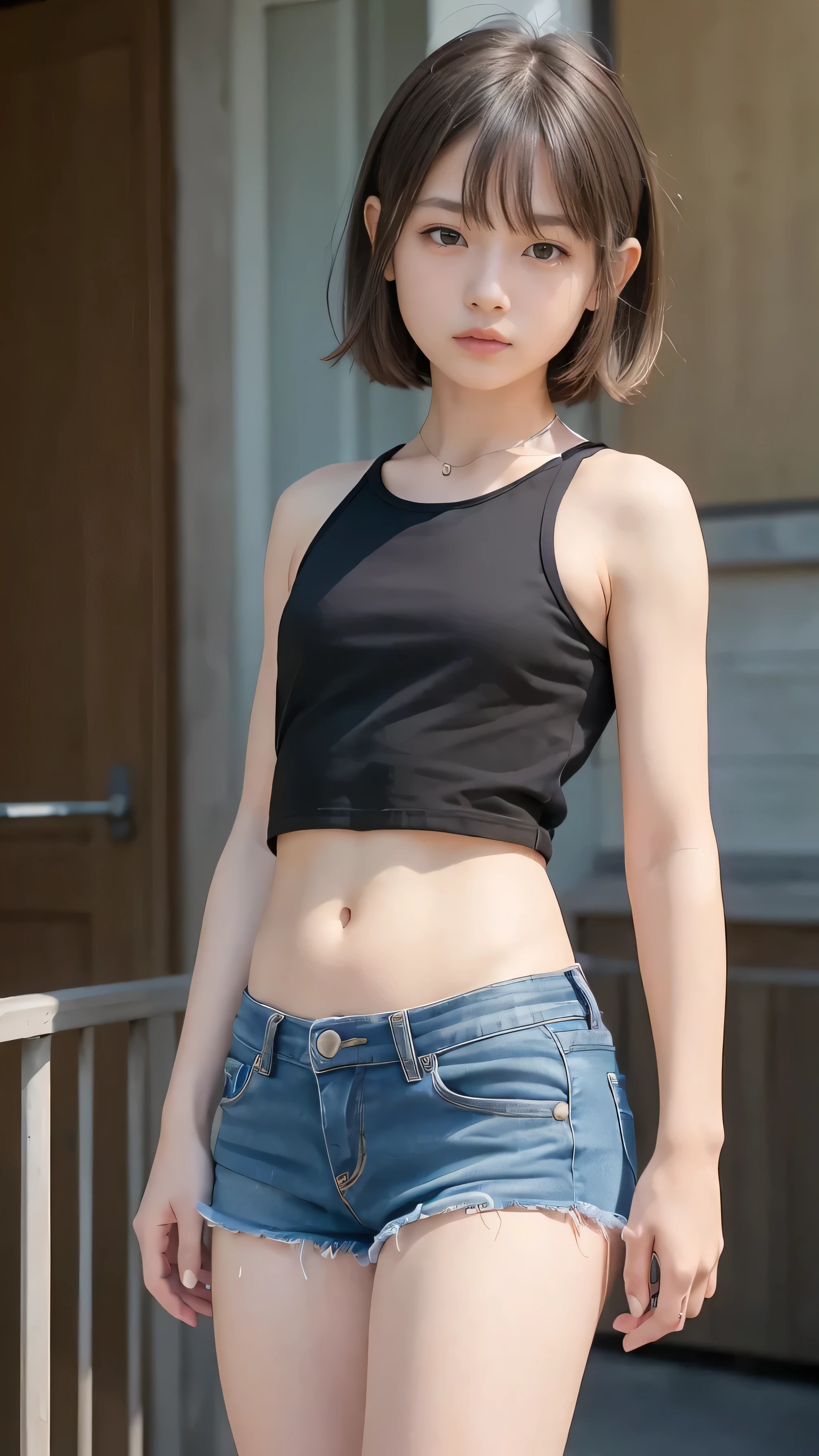 ((Mid-chest, Tomboy, Small Head)), ((10 years old)),Dawn, sunlight, (Trained abdominal muscles : 1.1), (Perfect body : 1.1), (Short Wavy Hair : 1.2) , Auburn Hair, collar, Lock, Full Body Shot, Crowded street, Wearing a black tank top, Jeans jacket, ((mini skirt)), (Very detailed CG 8k wallpaper), (Very delicate and beautiful), (masterpiece), (highest quality:1.0), (ultra High resolution:1.0), Beautiful lighting ,Perfect Lightning, Realistic Shadows, [High resolution], Detailed skin, Very detailed
