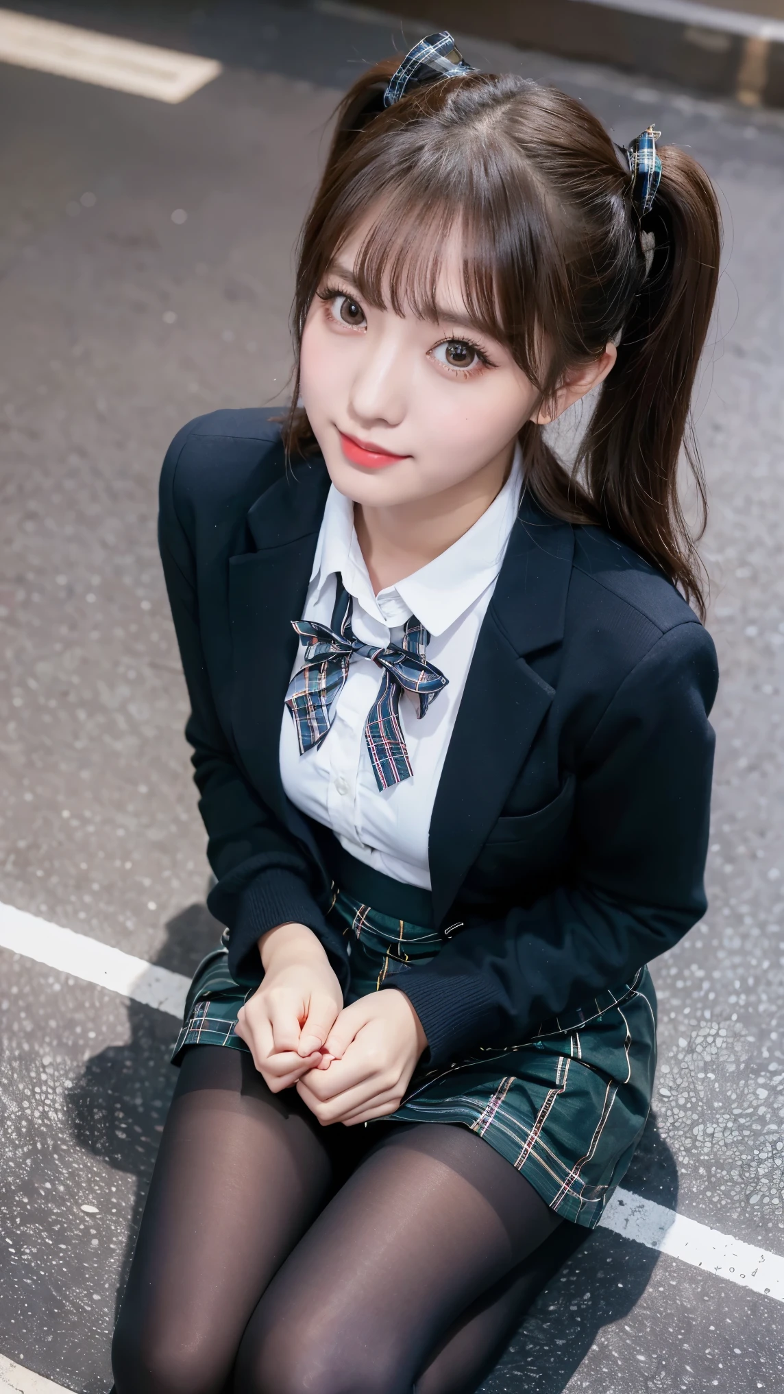 8k), (highest quality: 1.2), (Realistic), (Realistic: 1.37), Ultra-high resolution, (1 girl), cute, A shy smile, Mouth closed,Red cheeks with embarrassment, Beautiful details, Beautiful Nose, Black twin tails,Giant Dulcefo, pork, Thighs，Self Snap,University Uniforms,blazer,Pleated skirt,(The skirt is tartan check pattern....:1.3),(Sitting:1), Sitting on the ground in the city at night,(Hold my feet:1),(Tights in various colors:1.2),From above,Bring your face closer