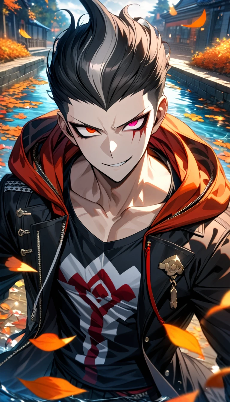 Ultra detailed, Highres, absurdres, HDR, Tanaka Gundham, black hair, heterochromia, expressive right red eye, expressive gray left eye, black long coat with patterns with a hoddie, Danganronpa 2, orange flowers, petals, handsome, sexy man, solo, very detailed eyes and face, water, butterflies, black tight t-shirt, master piece, toned chest, orange leaves, autumn, smirking