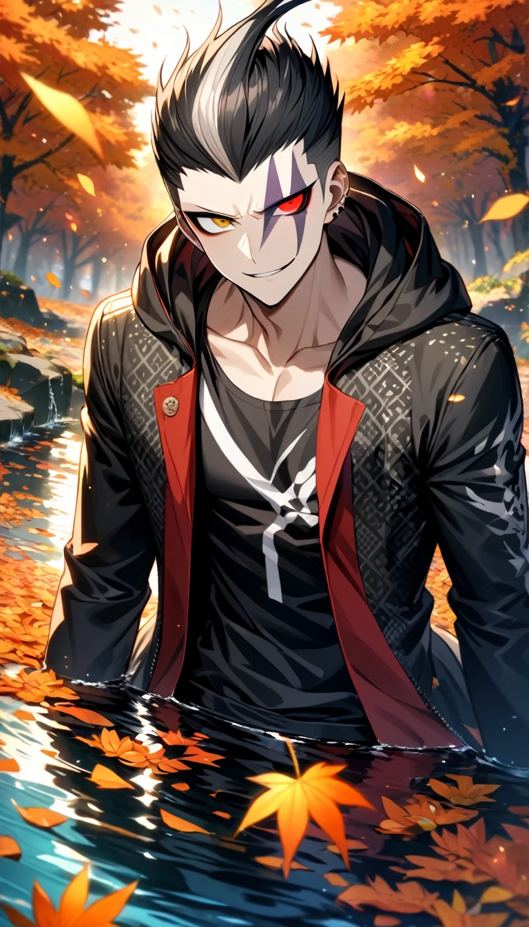 Ultra detailed, Highres, absurdres, HDR, Tanaka Gundham, black hair, heterochromia, expressive right red eye, expressive gray left eye, black long coat with patterns with a hoddie, Danganronpa 2, orange flowers, petals, handsome, sexy man, solo, very detailed eyes and face, water, butterflies, black tight t-shirt, master piece, toned chest, orange leaves, autumn, smirking