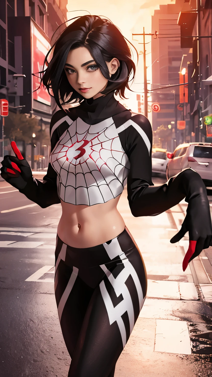 (Highly quality, masterpiece, detailed), Night city detailed scenario, night city detailed background, 20 years old girl, black hair, 1girl, CindyMoon, cindymoon, short hair, Black top, white top, black botton, white bottom, long bottom, spider web print, Crop top, Long Sleeves, Gloves, Abdomen, Expressionless, Navel, beautiful eyes, perfect eyes, looking at the viewer, Sexy pose