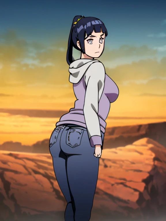 anime screencap, masterpiece,beautiful detailed glow,best illuminate, extremely detailed CG unity 8k wallpaper, 4k, best light,ultra high resolution,detailed,dynamic lighting,super detailed skin,intricate details, hyper detail, sharp detail,detailed, highres, intricate details,(delicate facial features:1.3), 1girl, hinata\(boruto\, solo, cowboy shot, (ponytail:1.2),solo, backwards:1.7, curvy, big breasts,((zoom on ass)):1.5, ((gigantic ass, big ass)):1.9 thick thighs:1.4, mature female, curvy, thin-waist, wide-hips, swaying-hips, plump, bbw, ((purple hoodie, indigo pants, long pants)):1.5, outdoors,cloudy sky, (Beautiful:1.4), (beautiful_face:1.5),(narrow_waist),(vibrant_color:1.2), CLOSED_MOUTH