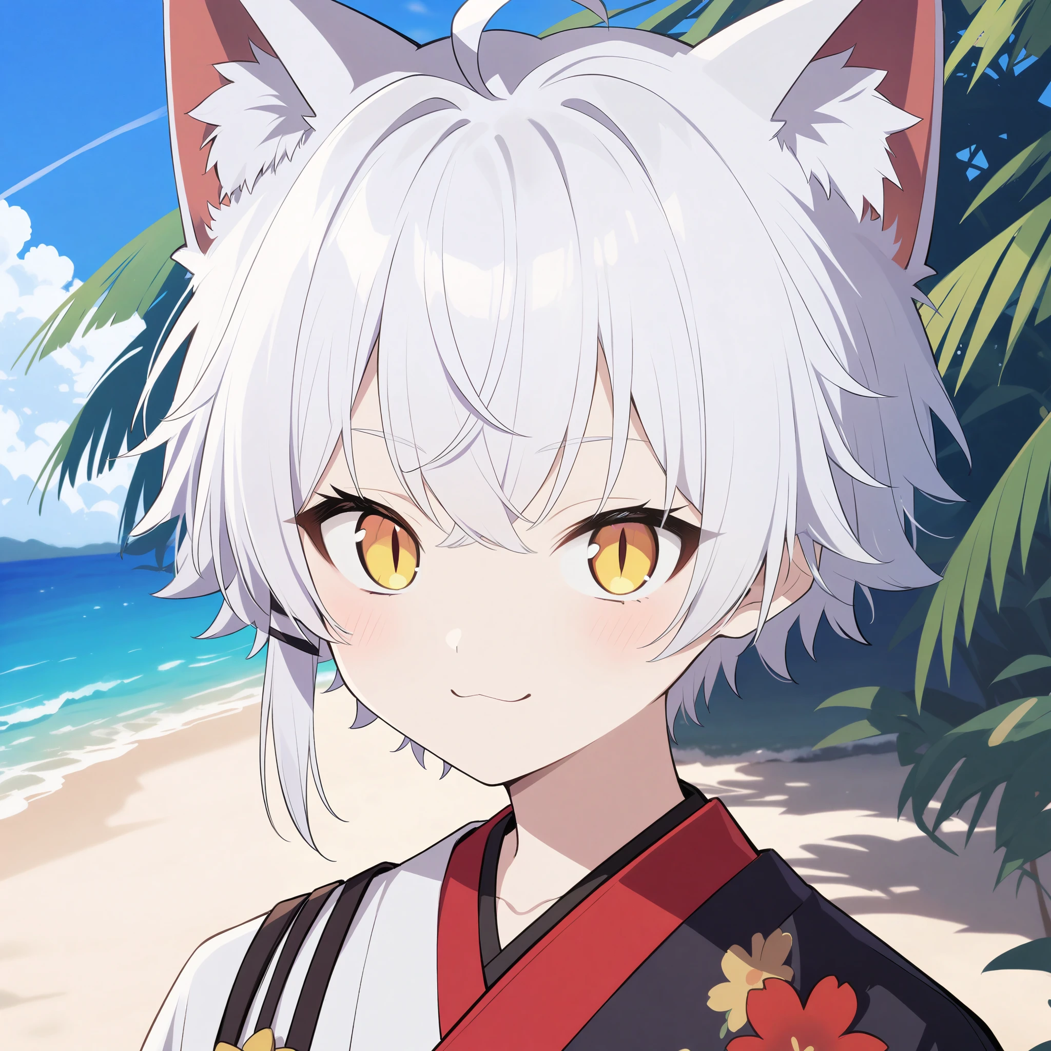 cat_boy,1boy,split color kimono,[(white kimono:1)|(black kimono:1.2)|(red lapel:0.7)],animal ears,white hair, short hair with a single long lock,ahoge,yellow eyes,slit pupils, dot nose, obi , looking at viewer,close-up,blurry background,solo,alone,beautiful background,sea,beach,summer,tree,happy,water,dyanmic pose