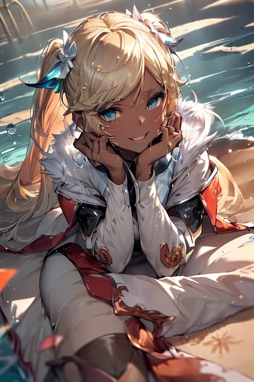 High resolution,Sharp focus,(Super detailed,Very detailed),(Very detailed CG unity 8k wallpaper),(((Vibrant colors))),
Iooiklas,Platinum Blonde Hair,Twin tails, hair ornaments, White Dress, Black knee socks, 
Removable sleeves,Complex eyes,Beautiful fine details,Symmetrical eyes,Big eyes:1.5,Seductive eyes, 
(((dark skin,dark_skin,lustrous skin:1.5,bright skin: 1.5,
skin tanned, shiny skin,very shiny skin,Shiny body,plastic glitter 
skin,exaggerated shiny skin,illuminated skin))),
(,Detailed body,(Detailed face)), cute,Lewd,erotic,Bold,Camel toe revealing outfit,show skin,(((Sexy aqua fur coat, Aqua fur coat outfit,
 wearing a Ice Dress:1.3,aqua 冬 coat))), ((Ice Dress,elegant Ice Dress)),
(White gloves,White clothes,(((Complex outfit,Complicated clothes,Embroidered costume,Glamorous costumes,Embroidered clothes,
(((Glamorous clothing))),skinsuit, Bodysuits, pantyhose,
sand漠の村, (sand dunes, sand:1.2),pyramid,Dust,Windが強い,sandstone,(oasis:1.2),水 caustics, Particles of light, Visible white smoke, Wind, Floating Hair, (reflective armor)
(Flying debris, 超High resolution),(((Black and Red Theme))),Wear an iridescent aura,
Invisible Light, Amazing shine, Neon orange glow, The colors of another world,Bright colors, Ghostly Effects,smile, Open your mouth,Drooping water droplets, wet skin,Lying down,