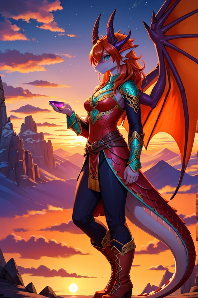 bright colors, fantasy style art, beautiful anthropomorphic female dragon, mature and young, tall character, 5 feet 11 inches tall, dragon body, dragon head, dragon snout, dragon eyes, dragon skin, long wavy bright orange hair, bright teal eyes, sparkling teal eyes looking at viewer, shapely body, skinny body, healthy body, orange scaly dragon skin, highly detailed scales, covered in orange scales, purple and red warrior outfit, ornate red clothes, fancy purple patterns and symbols, 2 red dress coattails hanging down her sides, high brown leather boots, long draping red sleeves, 2 large orange dragon wings, wings on both sides, orange dragon horns, standing on top of a mountain, at the mountain peak, sunset, brilliant cloudy sky, sunset lighting up the clouds, high quality digital art, 2k, professional illustration, highly detailed