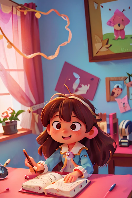 girl , light brown hair, wavy hair divided in half and tied back, longeyelashes, solid circle eyes, light smile, ear blush, white blouse, fluffy sleeves, light blue jumpsuit, sitting at a wooden desk, writing a book, holding a pink pen, the background is a library with books, lit by a window with sunlight entering the room, drop shadow, anaglyph, stereogram, tachi-e, pov, atmospheric perspective, 8k, super detail, ccurate, best quality, anatomically correct, anatomically correct