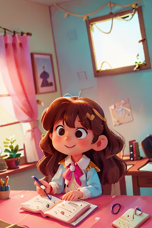 girl 8 years old, light brown hair, wavy hair divided in half and tied back, longeyelashes, solid circle eyes, light smile, ear blush, white blouse, fluffy sleeves, light blue jumpsuit, sitting at a wooden desk, writing a book, holding a pink pen, the background is a library with books, lit by a window with sunlight entering the room, drop shadow, anaglyph, stereogram, tachi-e, pov, atmospheric perspective, 8k, super detail, ccurate, best quality, anatomically correct, anatomically correct