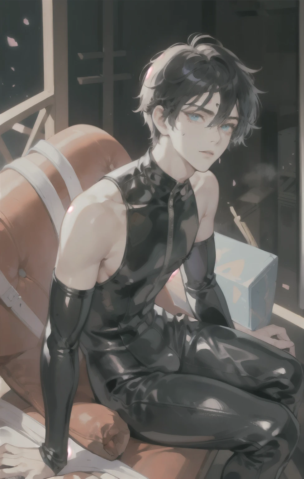 masterpiece, best quality, ultra detailed, (solo man), (male focus), ((young adult man)), ((Oblong face)), ((Square jawline)), black hair, ((hairs between eyes)), ((shoulder length)), ((narrow blue eye)), fair skin, slim weak body, beauty mark, nsfw, Leather catsuit costume, sitting