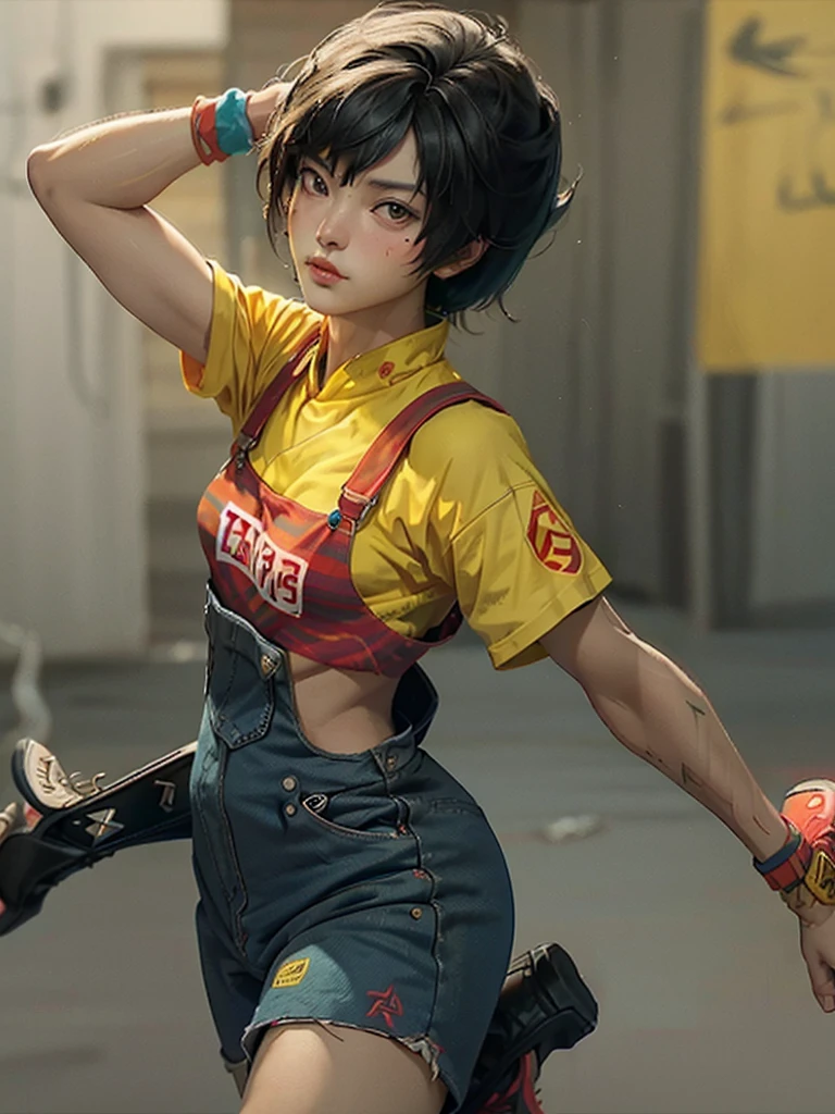 Bruce lee posicionamento de luta, wearing yellow overalls and red stripes, tenis all star preto, detalhes neon azul, luminoso, energy
