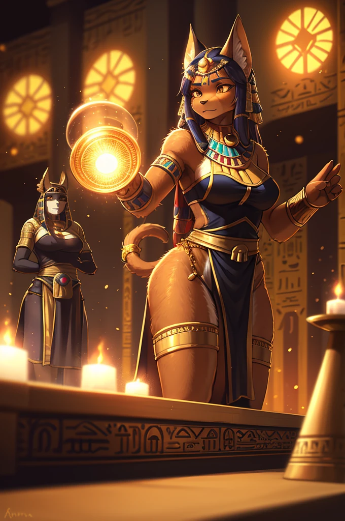 Bokeh , dynamic angle , hairy Bastet woman , realistic hairy fur , mature Model Body Type , (curvy:0.5) , mature Model  face , Hair ties , Ancient Egyptian neat clothing , in the ancient Egypt , dynamic Mysterious pose , (Several servants:1.5) , Rituals , on the altar , Red sun , action movie , Suddenly, an Egyptian god