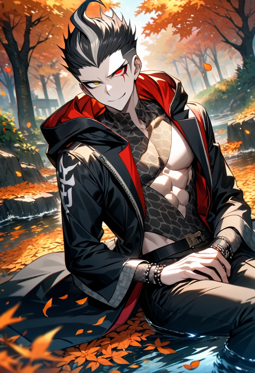 Ultra detailed, Highres, absurdres, HDR, Tanaka Gundham, black hair, heterochromia, expressive right red eye, expressive gray left eye, black long coat with patterns with a hoddie, Danganronpa 2, orange flowers, petals, handsome, sexy man, solo, very detailed eyes and face, water, butterflies, black tight t-shirt, master piece, toned chest, orange leaves, autumn, smirking, sitting,
