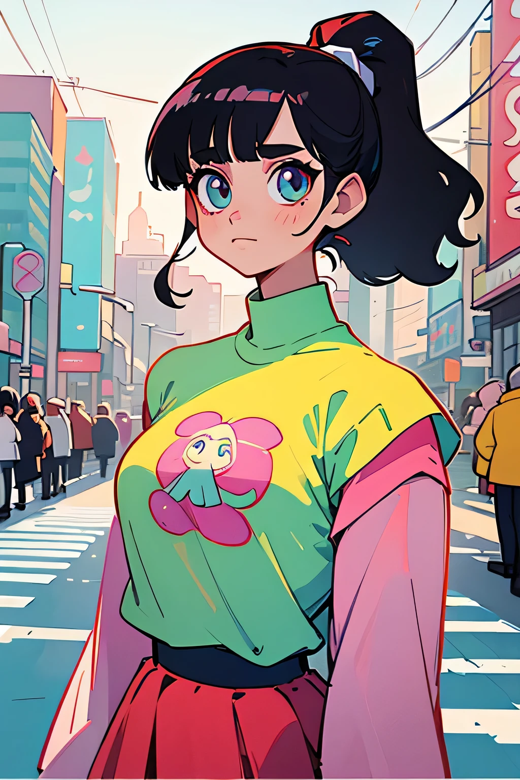 (masterpiece, best quality), beautiful woman, printed cropped turtleneck shirt, skirt, wavy hair, ponytail, asymmetrical bangs, perfect face, beautiful face, alluring, big gorgeous eyes, soft smile, perfect slim fit body, city streets, (outdoor), seoul, bright colors, (risograph)