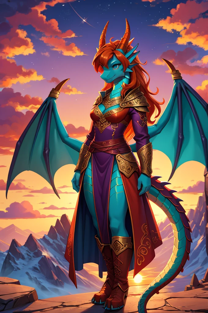 bright colors, fantasy style art, beautiful anthropomorphic female dragon, mature and young, tall character, 5 feet 11 inches tall, dragon body, dragon head, dragon snout, dragon eyes, dragon skin, long wavy bright orange hair, bright teal eyes, sparkling teal eyes looking at viewer, shapely body, skinny body, healthy body, orange scaly dragon skin, highly detailed scales, covered in orange scales, purple and red warrior outfit, ornate red clothes, fancy purple patterns and symbols, 2 red dress coattails hanging down her sides, high brown leather boots, long draping red sleeves, 2 large orange dragon wings, wings on both sides, orange dragon horns, standing on top of a mountain, at the mountain peak, sunset, brilliant cloudy sky, sunset lighting up the clouds, high quality digital art, 2k, professional illustration, highly detailed