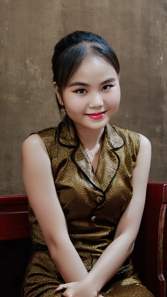 1 girl, alone, looking at the viewer, dark blonde long hair, hair is tied up, ((Chinese cheongsam dress, sexy cheongsam)), sleeveless, brown eyes, Coastal rocky background, small breast , smile, sitting, realistic, masterpiece, 最high quality, high quality, High resolution,
