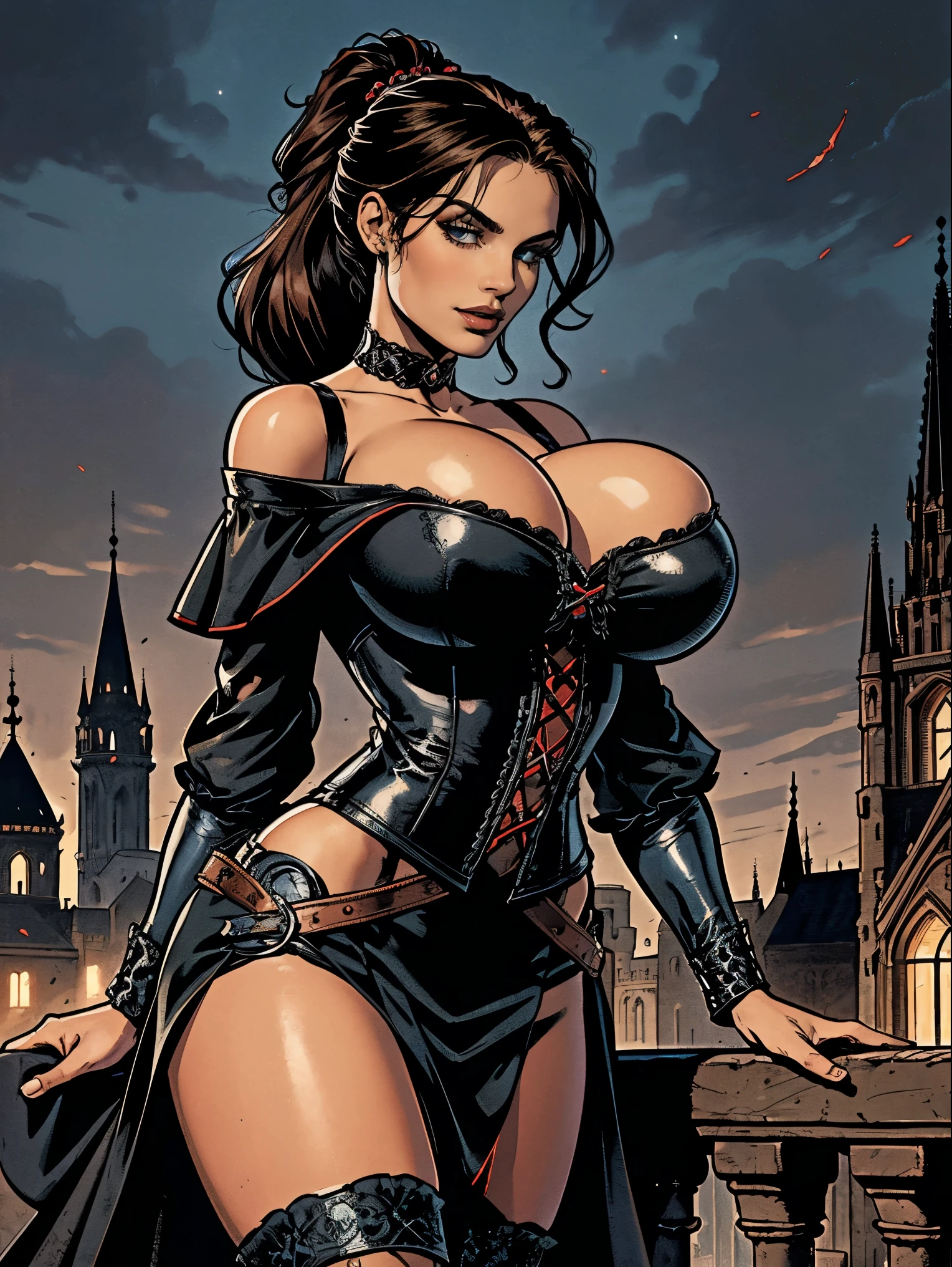 (masterpiece, top quality, best quality, official art, beautiful and aesthetic:1.2), (1girl:1.3), long and curly dark brown hair, ((extravagant updo)), Victorian style, extremely detailed, portrait, looking at viewer, solo, (full body:0.6), detailed background, close up, mischievous eyes, (cold midnight castle theme:1.1), extremely busty vampire, long fangs, blood on chin, huge lips, charlatan, smirk, mysterious, being seductive on a balcony, revealing gothic dress, lace, extremely tight bodice, black attire, red skirts, off shoulder, long sleeves, loose sleeves, black leather, cloak, corset, black dress, fishnets, thigh high black boots, buckles, straps, pouches, glowing blood magic energy, dark red fabric, silver trim, black leather, (ruffled collar), (((gigantic breasts))), cleavage, skindentation, slim waist, slim hips, long legs, medieval (gothic castle exterior:1.1) background, nighttime, dark mysterious lighting, shadows, magical atmosphere, dutch angle