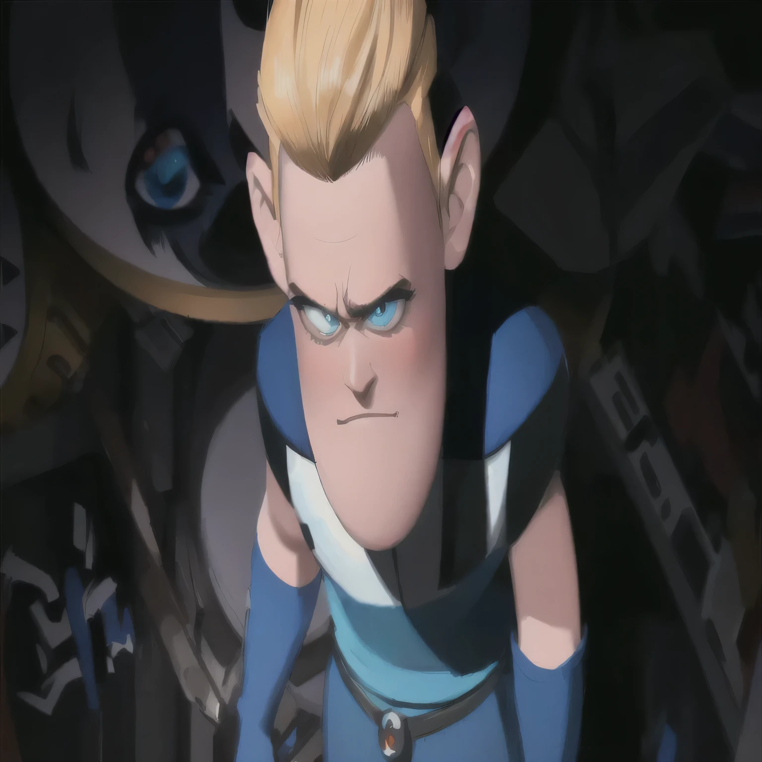 um close up de um personagem de desenho animado com uma roupa azul, incredibles syndrome, as a personagem da Pixar, depicted as a personagem da Pixar, villain, raiva, 