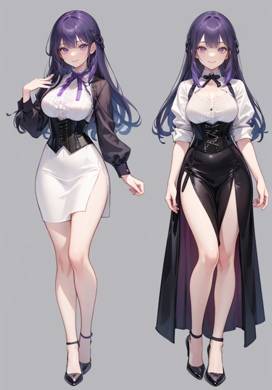 Purple hair,long hair,Adult female,Bartender,((Body harness)),((Rolling up your sleeves shirt)),(Corset),(Long skirt),(slit),High heels,((Simple background)),Smile,((Full body)),((whole body)),Character Sheet,