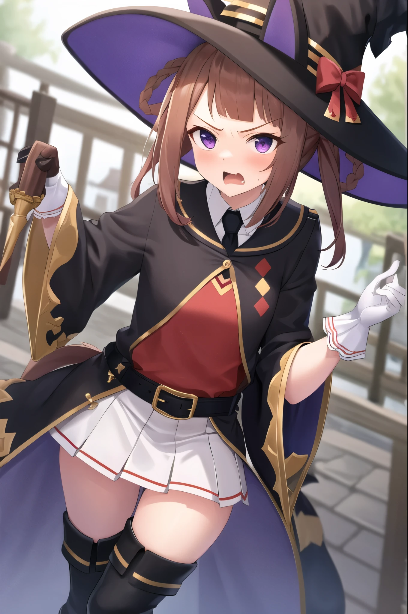 masterpiece, high detail, detailed hands,
stand, rage, fluctuate,  spoiled , witch's house, portrait,
sweep tosho \(umamusume\),witch hat, black headwear, black necktie, collared shirt, red shirt, white gloves, wide sleeves, black jacket, black robe, buckle, belt, white skirt, pleated skirt, black thighhighs, thigh boots, black footwear, high heel boots
