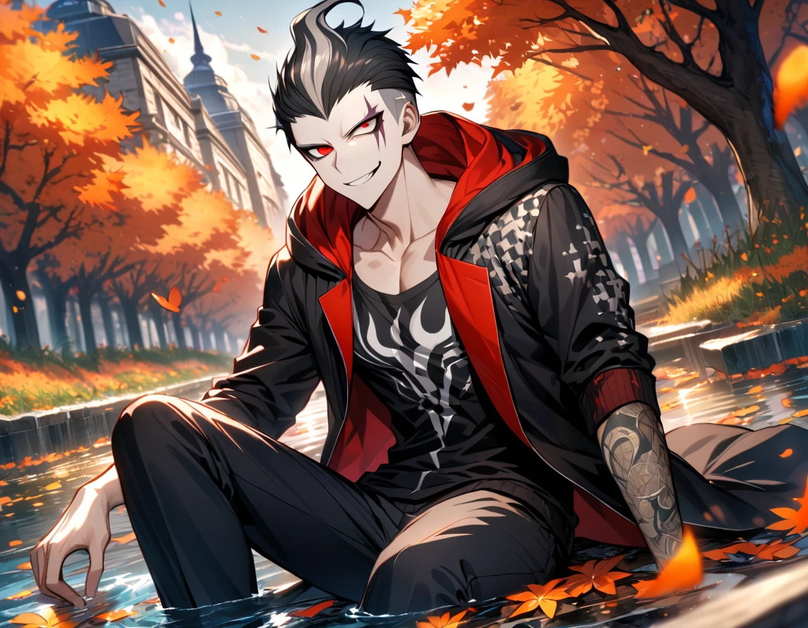 Ultra detailed, Highres, absurdres, HDR, Tanaka Gundham, black hair, heterochromia, expressive right red eye, expressive gray left eye, black long coat with patterns with a hoddie, Danganronpa 2, orange flowers, petals, handsome, ???? man, solo, very detailed eyes and face, water, butterflies, black tight t-shirt, master piece, toned ?????, orange leaves, autumn, smirking, sitting,