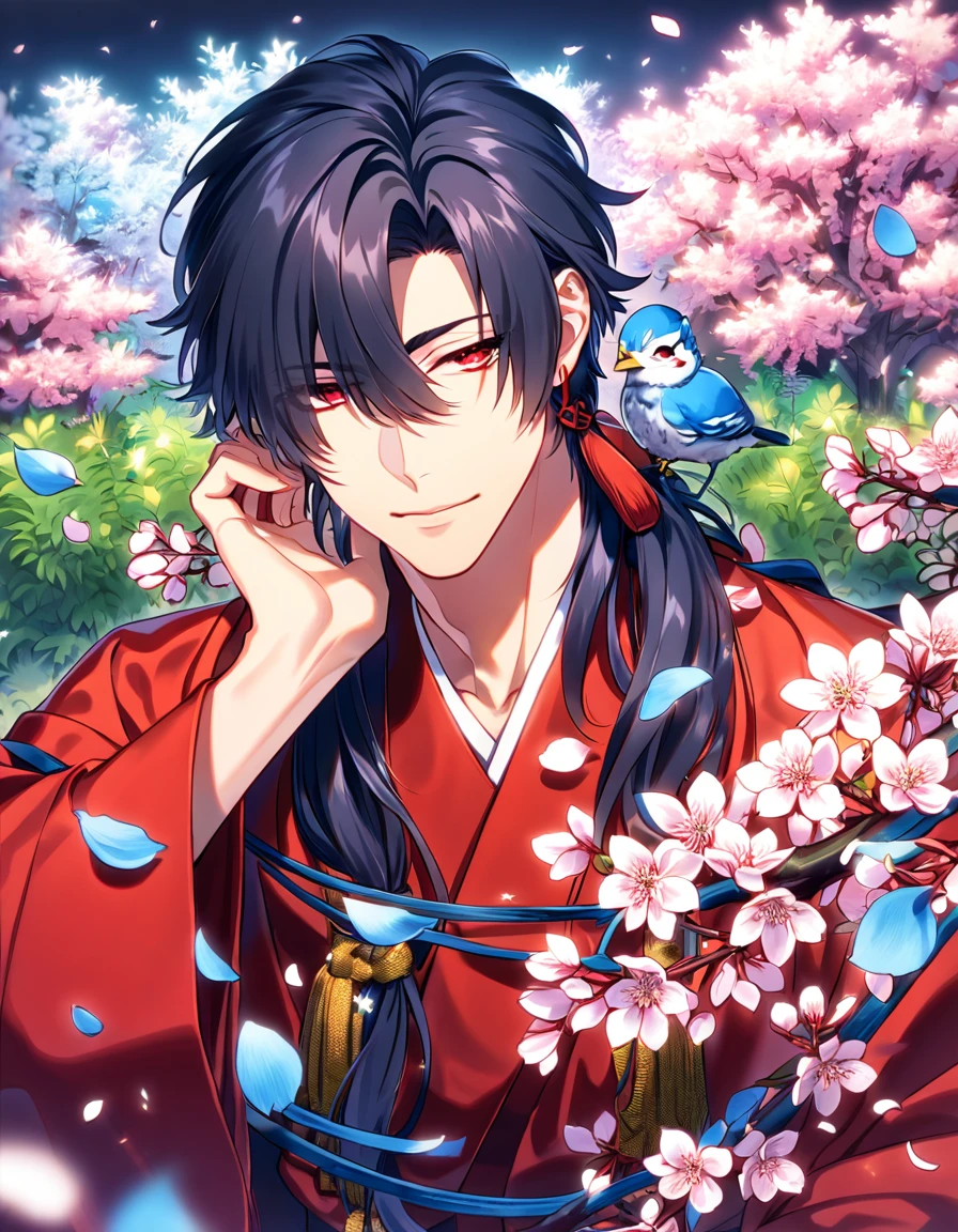 absurdres, highres, ultra detailed, HDR, masterpiece, Koujaku, dark navy hair that is short and a little chopped at the top, has a thick fringe that covers the right side of his face and keeps the rest tied, expressive red eyes, Dramatical Murder, red kimono, designed with decorations such as blue leaves, blossoms and birds, 1man, handsome, garden, petals