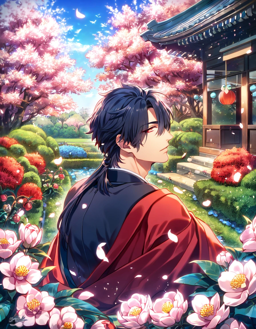 absurdres, highres, ultra detailed, HDR, masterpiece, Koujaku, dark navy hair that is short and a little chopped at the top, has a thick fringe that covers the right side of his face and keeps the rest tied, expressive red eyes, Dramatical Murder, red kimono, designed with decorations such as blue leaves, blossoms and birds, 1man, handsome, garden, petals
