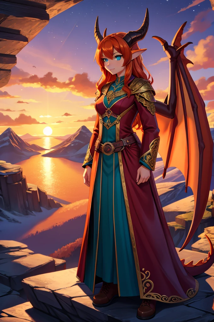 anime style art, fantasy style art, beautiful Celtic dragon girl, young adult European girl, mature young woman, tall character, 5 feet 11 inches tall, long wavy bright orange hair, bright teal eyes, realistic and sparkling teal eyes looking at viewer, shapely body, skinny body, healthy body, orange scaly skin, highly detailed scales, covered in orange scales, purple and red warrior outfit, ornate red clothes, fancy purple patterns and symbols, 2 red dress coattails hanging down her sides, high brown leather boots, long draping red sleeves, 2 large orange dragon wings, wings on both sides, orange dragon horns, standing on top of a mountain, at the mountain peak, sunset, brilliant cloudy sky, sunset lighting up the clouds, high quality digital art, 2k, professional illustration