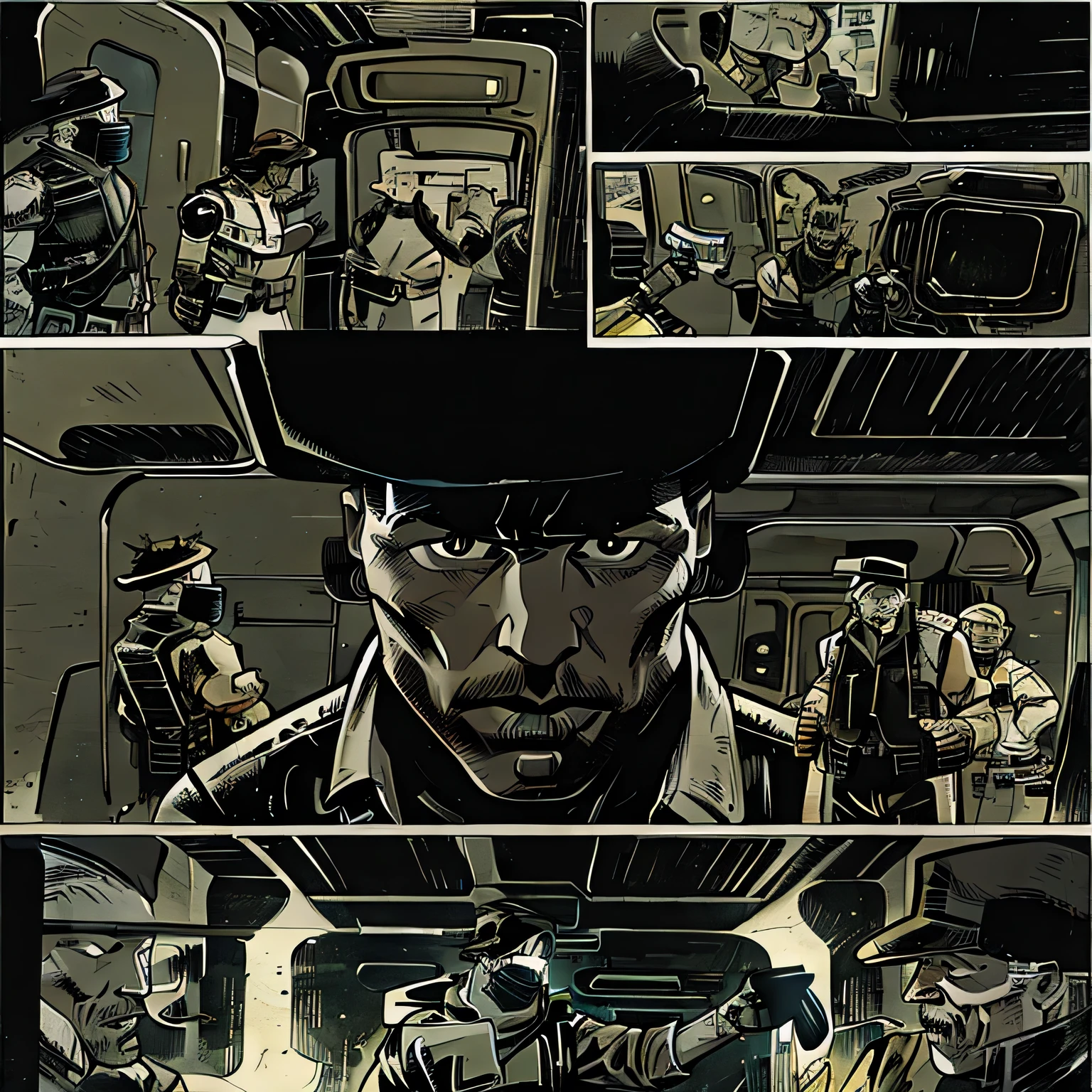 Futuristic Cowboy with 2 revolvers, dark brown hat, mask that covers mouth and nose, bandolier, on a movie train, in a shootout